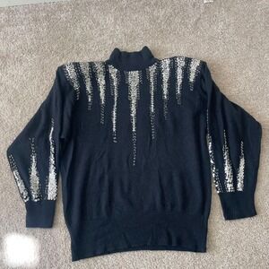 Vintage Semplice Black Mock Neck Sequin Lambswool Angora Sweater Women's L